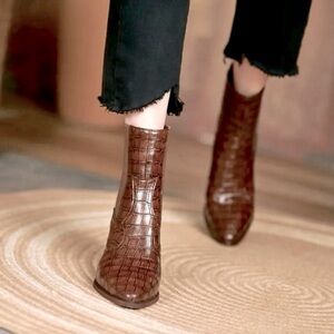 Colin Stuart Brown Croc Embossed Leather Heeled Side Zip Ankle Boots